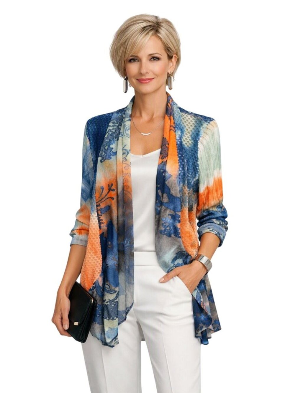 Ali Miles Navy Open-Front Cardigan Artsy Boho Abstract Floral Print Women XL